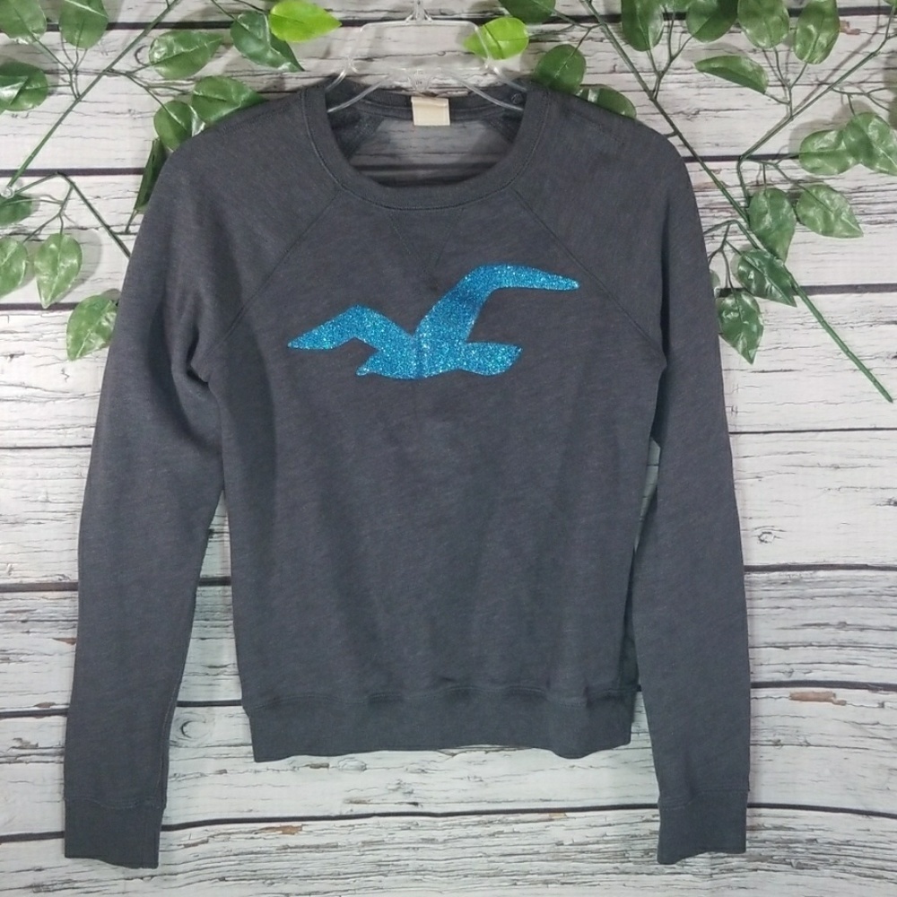Hollister glitter sheer see thru back gray blue pullover sweatshirt Small